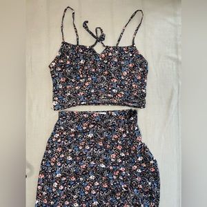 Two peice floral top and split ultra high-rise skirt set.